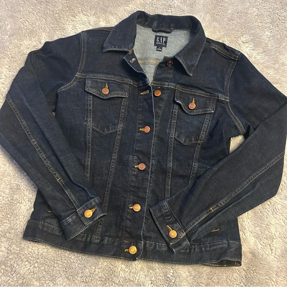Dark blue, button up, four pocket, long sleeve denim Gap jean jacket